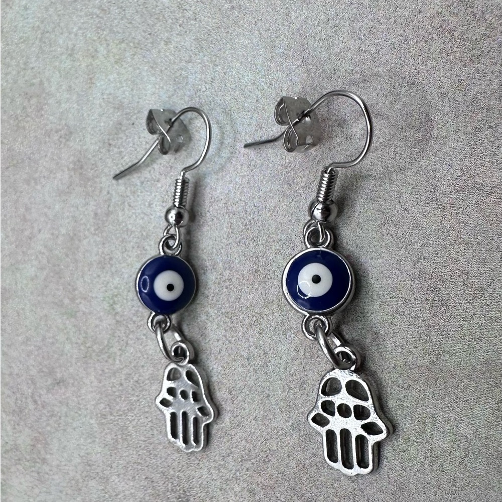 Blue Evil Eye Hamsa Dangle Earrings - Women Jewelry